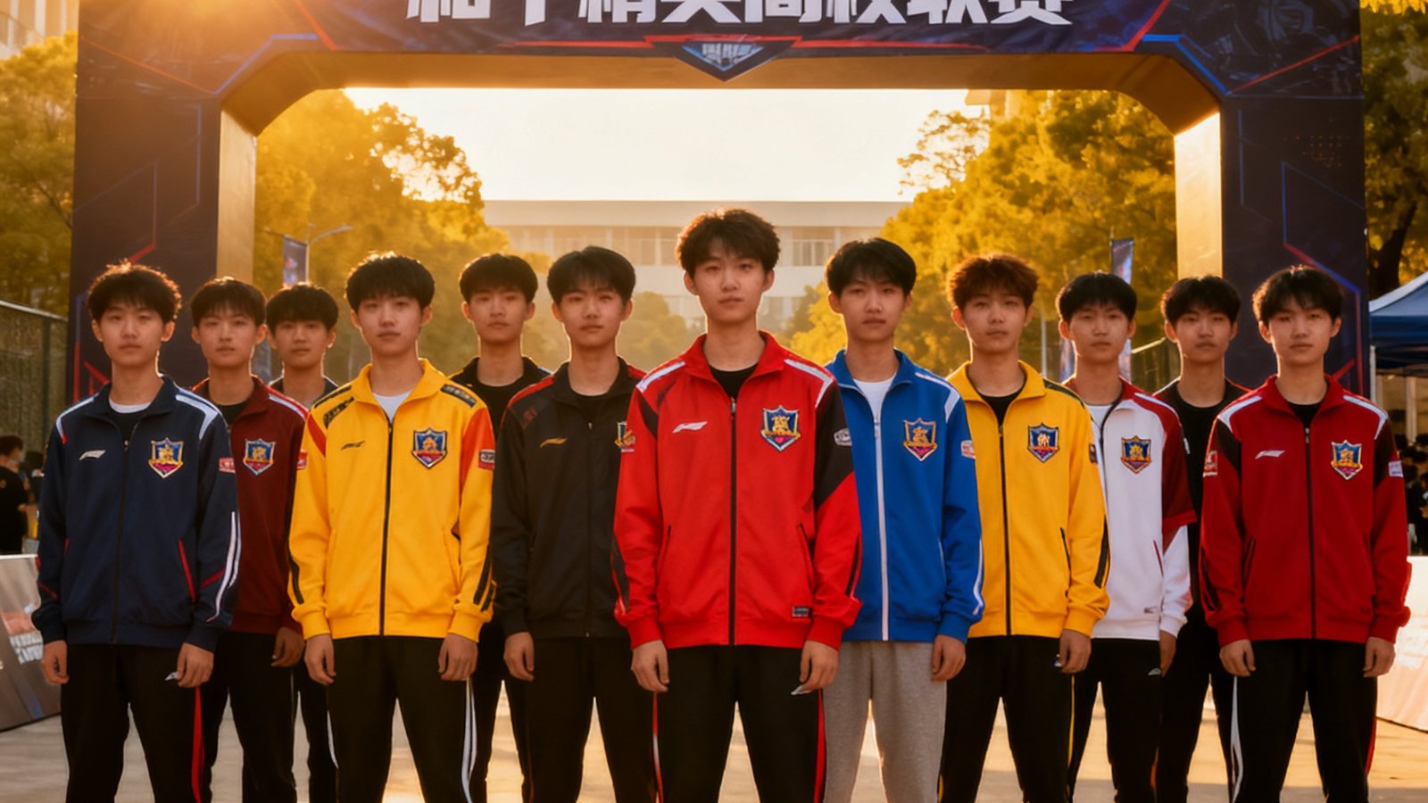 和平精英高校联赛参赛选手在赛场入口合影，青春洋溢的大学生们身着各校队服